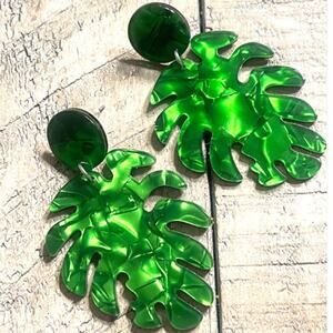 NEW! Boho Style Statement Earrings Acrylic Tropical Palm Leaf Dangle Earrings